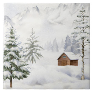 Carreau Cabane d'hiver dans une forêt enneigée à l'aquarel