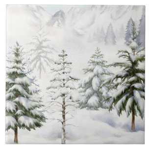Carreau Cabane d'hiver dans une forêt enneigée à l'aquarel