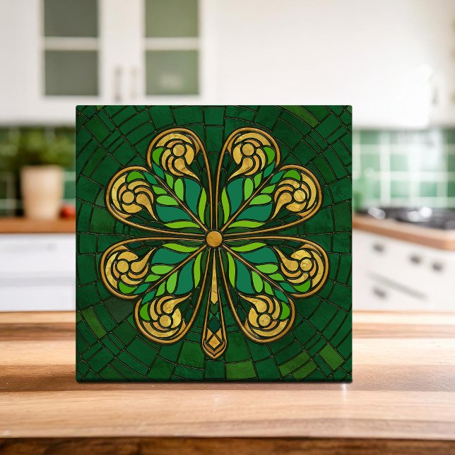 Carreau Cabot à quatre feuilles - Mosaïque verte et or (Créateur téléchargé)