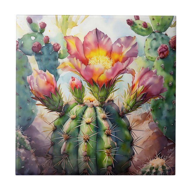 Carreau Cactus d'aquarelle avec Fleurs du désert vibrantes (Devant)