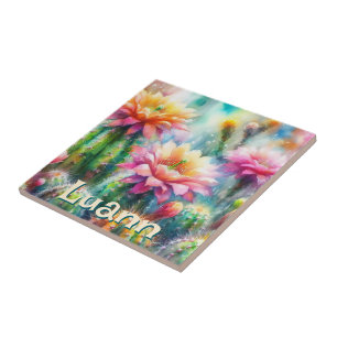 Carreau Cactus Succulent Fleurissant Personnalisé Aquarell