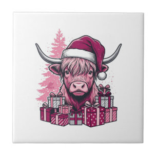Carreau Cadeaux de Noël de vache des Highlands rose Art vi