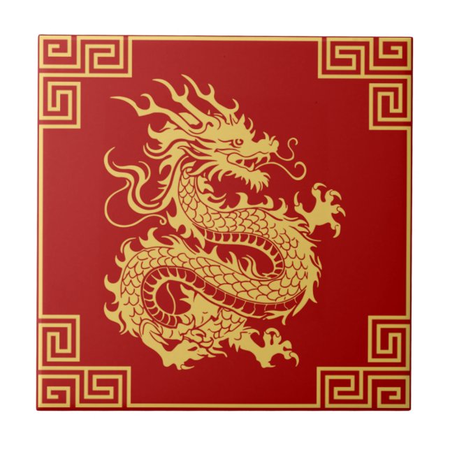 Carreau Cadres d'ornement grec Motif de dragon d'or rouge (Devant)