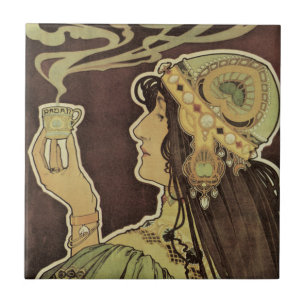 Carreau Café Rajah Art Nouveau vintage, femme avec café