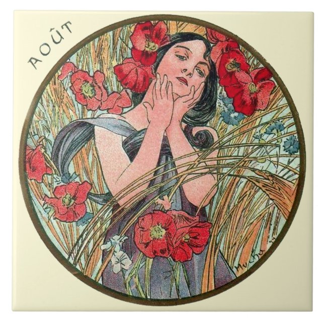 Carreau Calendrier août de Nouveau Mucha d'art (Devant)