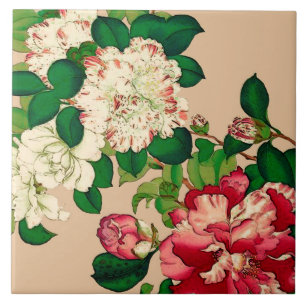 Carreau Camélias japonais vintages. Rose-foncé sur le