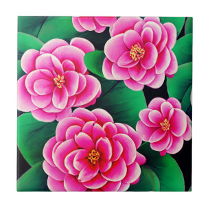 Carreau Camellias rose Fuchsia et Feuilles verts Jade
