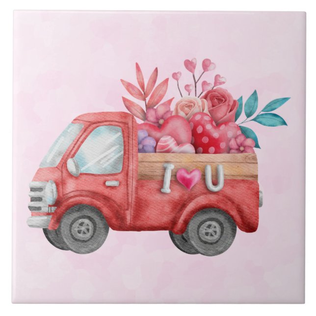 Carreau Camion d'amour mignon avec Coeur Cargo Aquarelle (Devant)