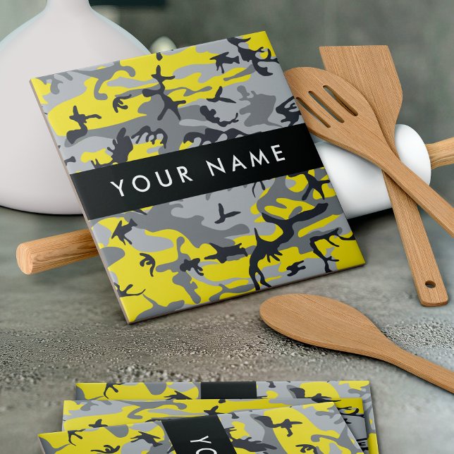Carreau Camouflage jaune et gris Personnalisez votre nom (Créateur téléchargé)