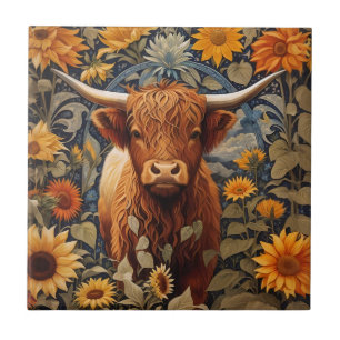 Carreau Campagne rustique Highland Cow Sunflowers