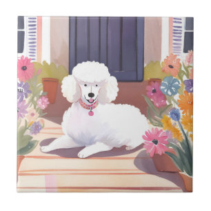 Carreau Caniche blanc   Fleurs aquarelle Chien Animal de c