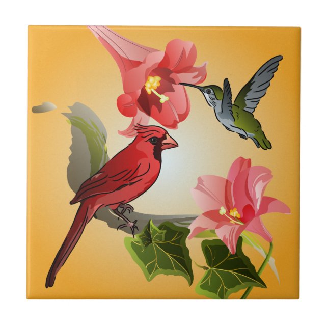 Carreau Cardinal et Colibri avec Lys roses et Ivy (Devant)