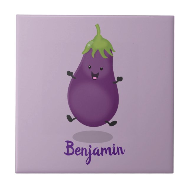 Carreau Caricature d'aubergine d'aubergine joliment heureu (Devant)