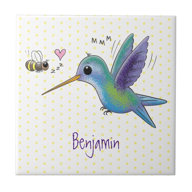 Carreau Caricature de colibri d'abeille mignonne (Devant)