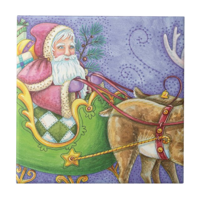 Carreau Caricature de Noël Santa Claus Sleigh Reindeer (Devant)