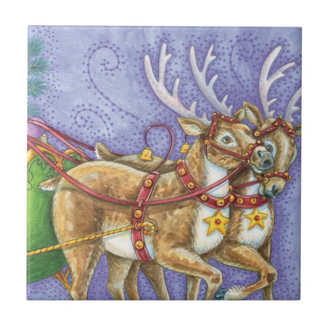 Carreau Caricature de Noël Santa Claus Sleigh Reindeer (Devant)
