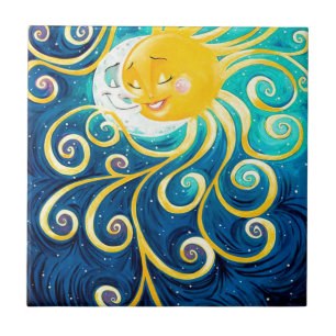 Carreau caricature soleil et lune amour paix