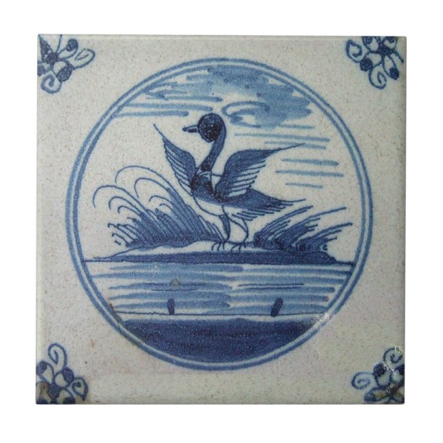 Carreau Carrelage bleu Delft - Canard dans l'eau (Devant)