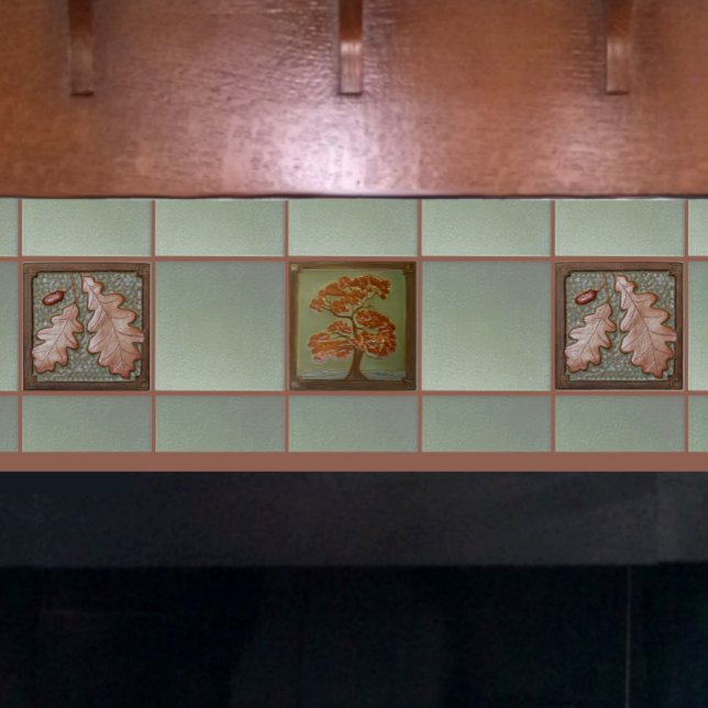 Carreau Carrelage céramique de chêne d'artisan (Oak Tree tile shown on a fireplace with Oak leaf tiles and matching field tiles.)
