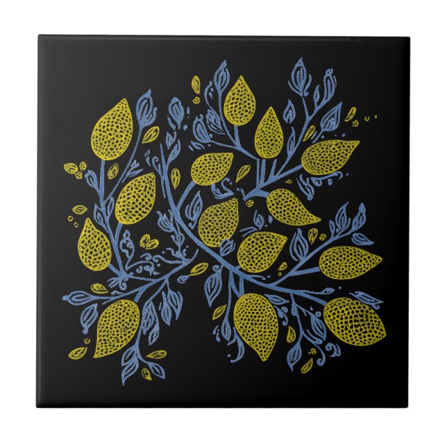 Carreau Carrelage de vignes de citron jaune, bleu et noir (Devant)