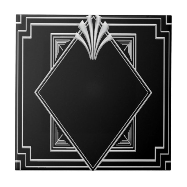 Carreau Carrelage en céramique Art déco noir et argenté. (Devant)