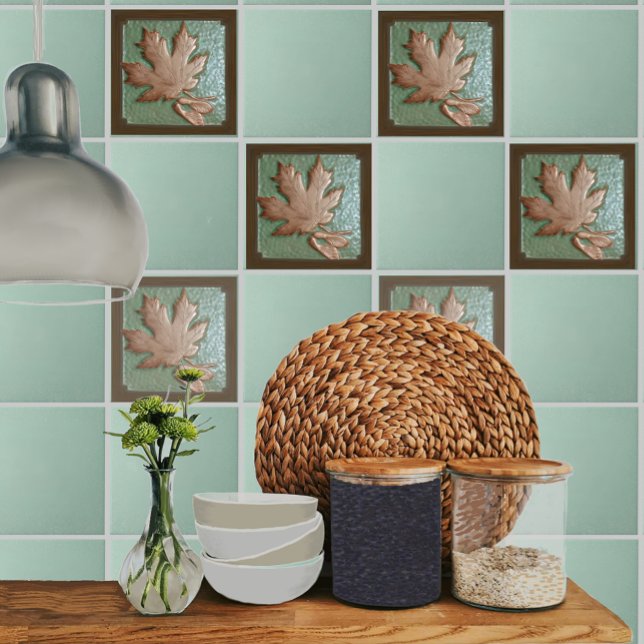 Carreau Carrelage en céramique, artisanFeuille d'érable ve (Maple leaf tiles on backsplash)