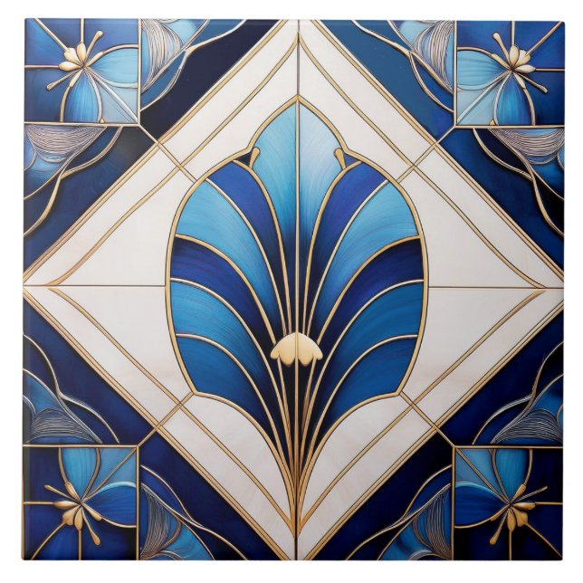 Carreau Carrelage en céramique bleu Art déco. (Devant)