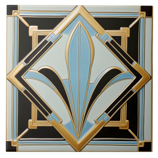 Carreau Carrelage en céramique bleu or et noir Art déco. (Devant)