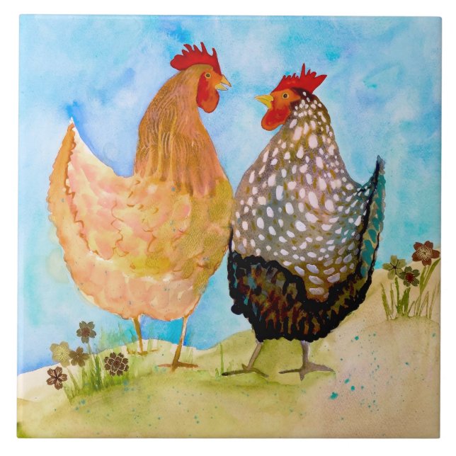 Carreau Carrelage en céramique des poules d'amitié (Devant)