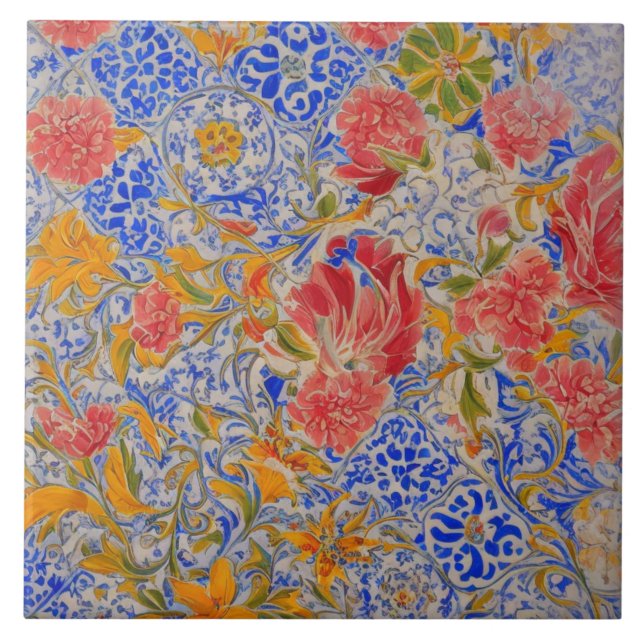 Carreau Carrelage en céramique fleurie colorée (Devant)