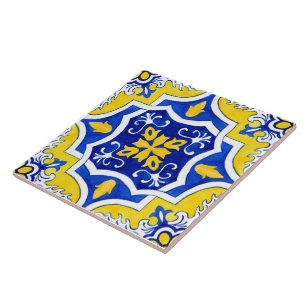 Carreau Carrelage en céramique jaune et bleu portugais.