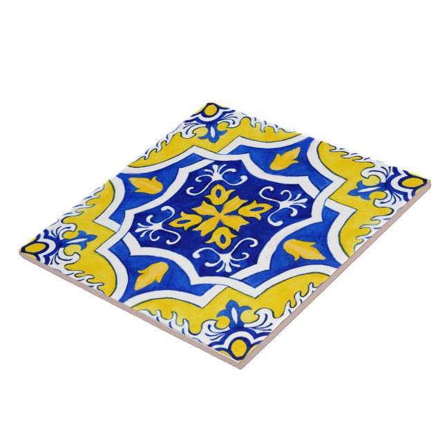 Carreau Carrelage en céramique jaune et bleu portugais. (Côté)