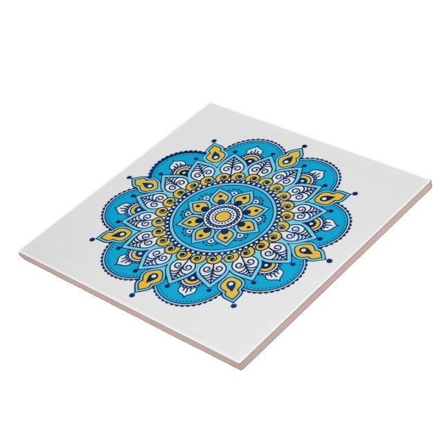 Carreau Carrelage en céramique Mandala bleu et jaune. (Côté)