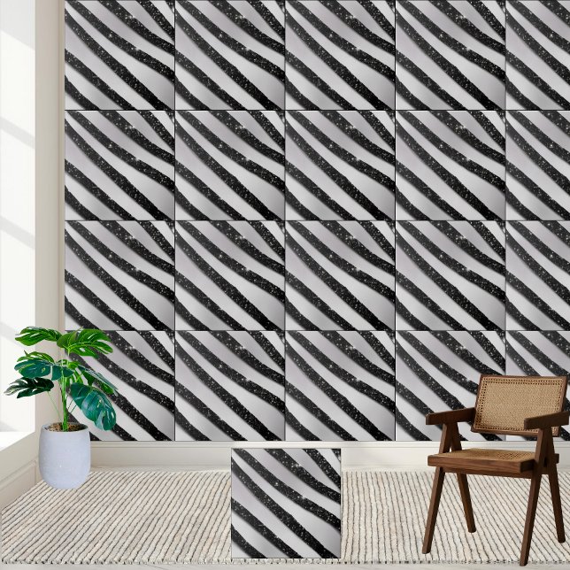Carreau Carrelage en céramique noir blanc Parties scintill (Black White Glitter Stripe Floor Ceramic Tile)