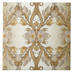 Carreau Carrelage en céramique or décoratif Fleurs blanche