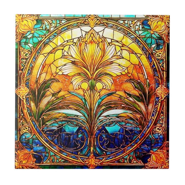 Carreau Carrelage en céramique or et bleu Art déco Nouveau (Devant)