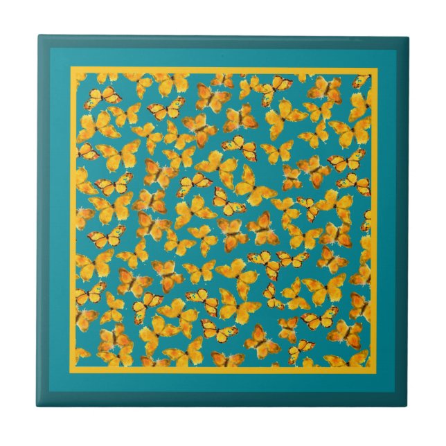 Carreau Carrelage en céramique, Papillons d'or sur Turquoi (Devant)