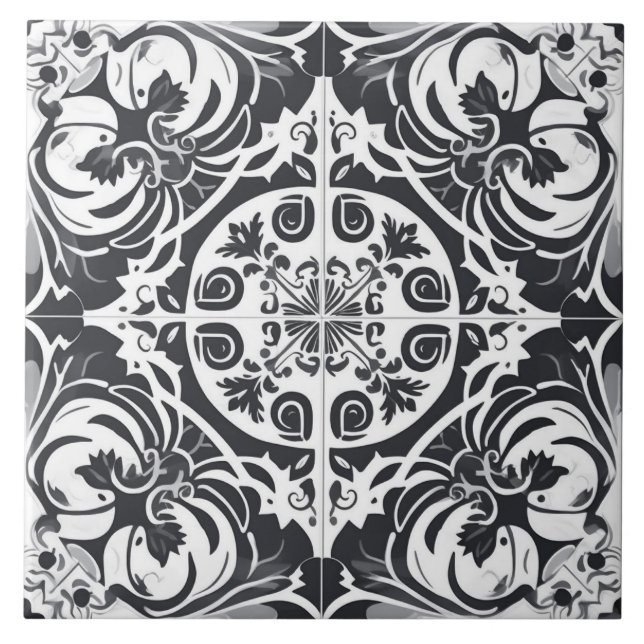 Carreau Carrelage en céramique portugaise noir et blanc (Devant)