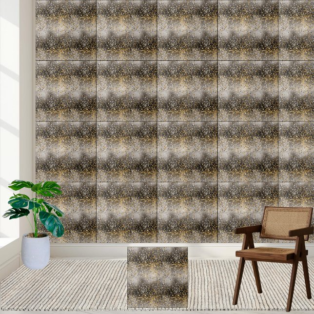 Carreau Carrelage étincelant Parties scintillant noire et  (Black and Gold Glitter Sparkle Tile)