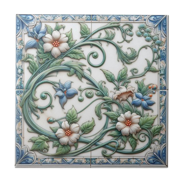 Carreau Carrelage floral bleu et blanc (Devant)