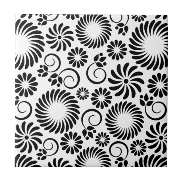 Carreau Carrelage floral noir et blanc (Devant)
