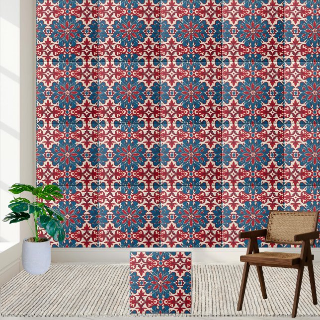 Carreau Carrelage floral scandinave Motif en rouge et bleu (Scandinavian Floral Tile Pattern in Red and Blue)