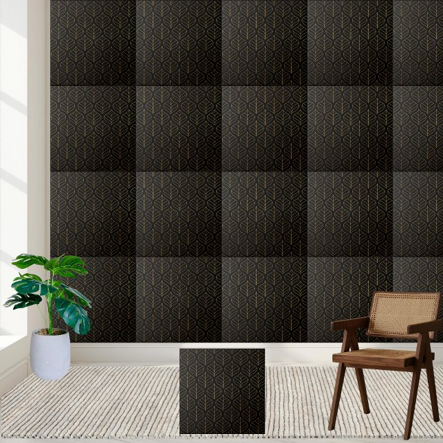 Carreau Carrelage géométrique noir et or classique (Classic Black and Gold Geometric Leaf Tile)