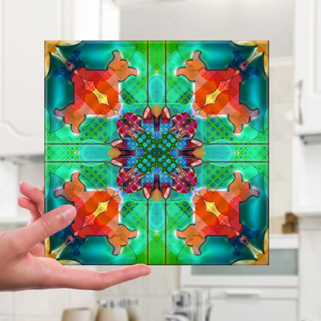 Carreau Carrelage Kaleidoscope géométrique rétro (Tile featuring a unique geometric abstract kaleidoscope pattern in vibrant colors)