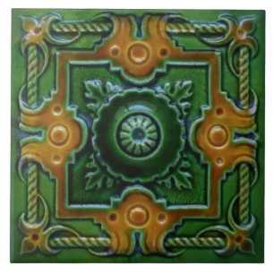 Carreau Carrelage Majolica design victorien vert et ambre