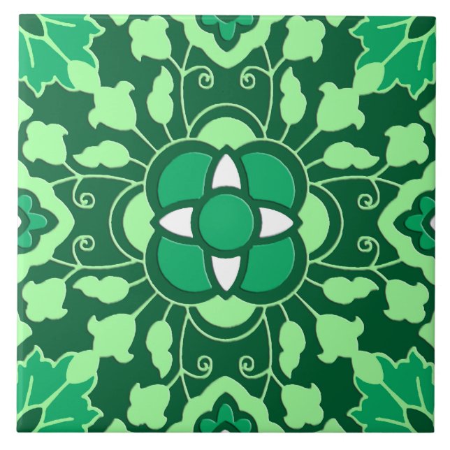 Carreau Carrelage marocain floral, vert Jade clair et fonc (Devant)