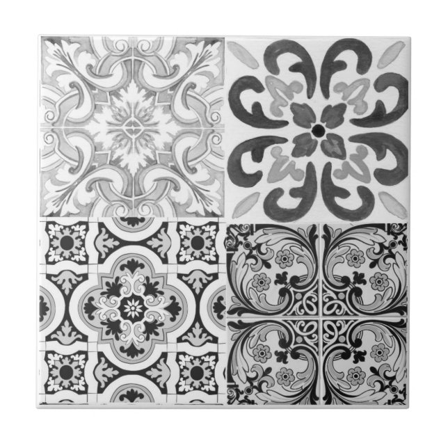Carreau Carrelage méditerranéen, majolica, noir et blanc  (Devant)