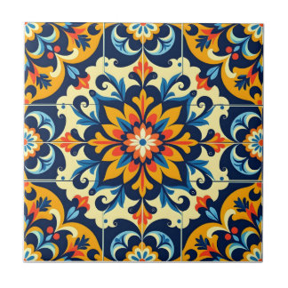 Carreau Carrelage mexicain Etoile orange bleu jaune blanc