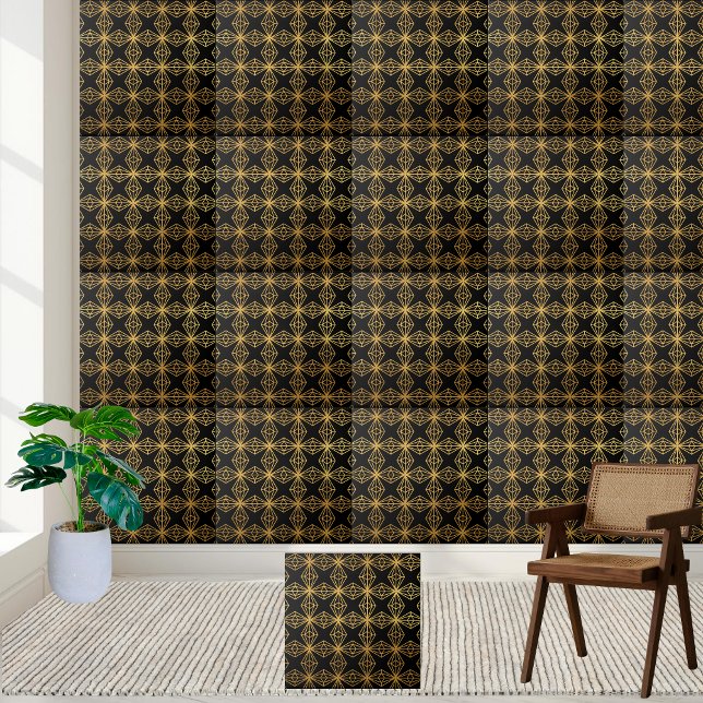 Carreau Carrelage moderne géométrique noir et or (Modern Geometric Black and Gold Tile)