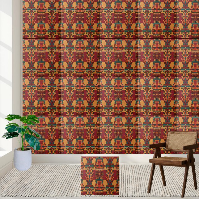 Carreau Carrelage rouge chaud et Turquoise d'inspiration a (Warm Red & Teal African Inspired Tile)
